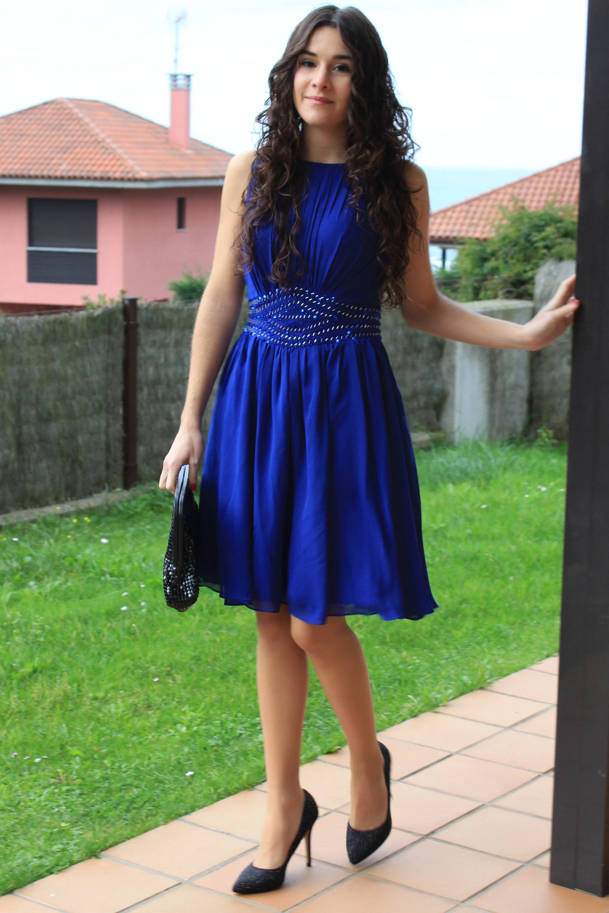 A-line Small Round Collar Knee Length Chiffon Beaded Prom Dress - Image 3