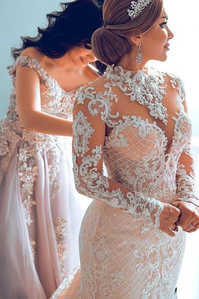 A-line Small Round Collar Long Train Tulle Beading Paillette Wedding Dress - Image 2