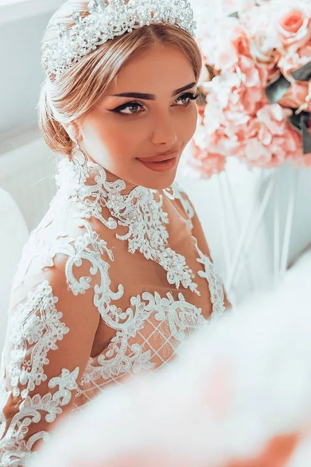 A-line Small Round Collar Long Train Tulle Beading Paillette Wedding Dress - Image 3