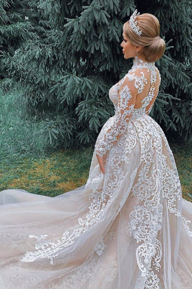 A-line Small Round Collar Long Train Tulle Beading Paillette Wedding Dress - Image 4