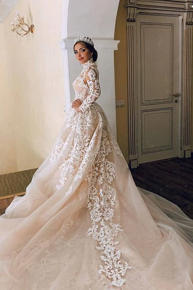 A-line Small Round Collar Long Train Tulle Beading Paillette Wedding Dress - Image 6