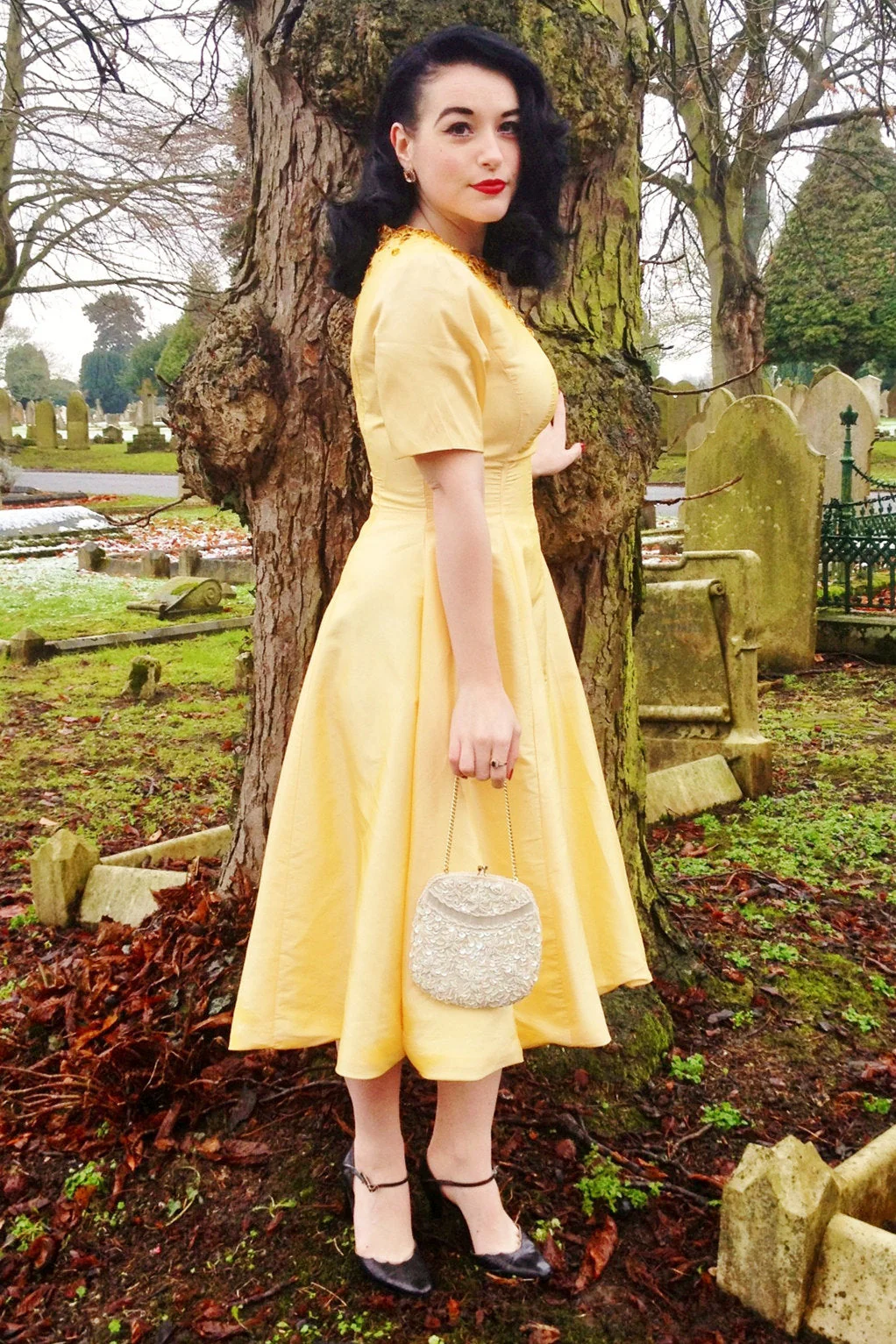 A-line Small Round Collar Tea Length Charmuse Beaded Prom Dress - Image 3