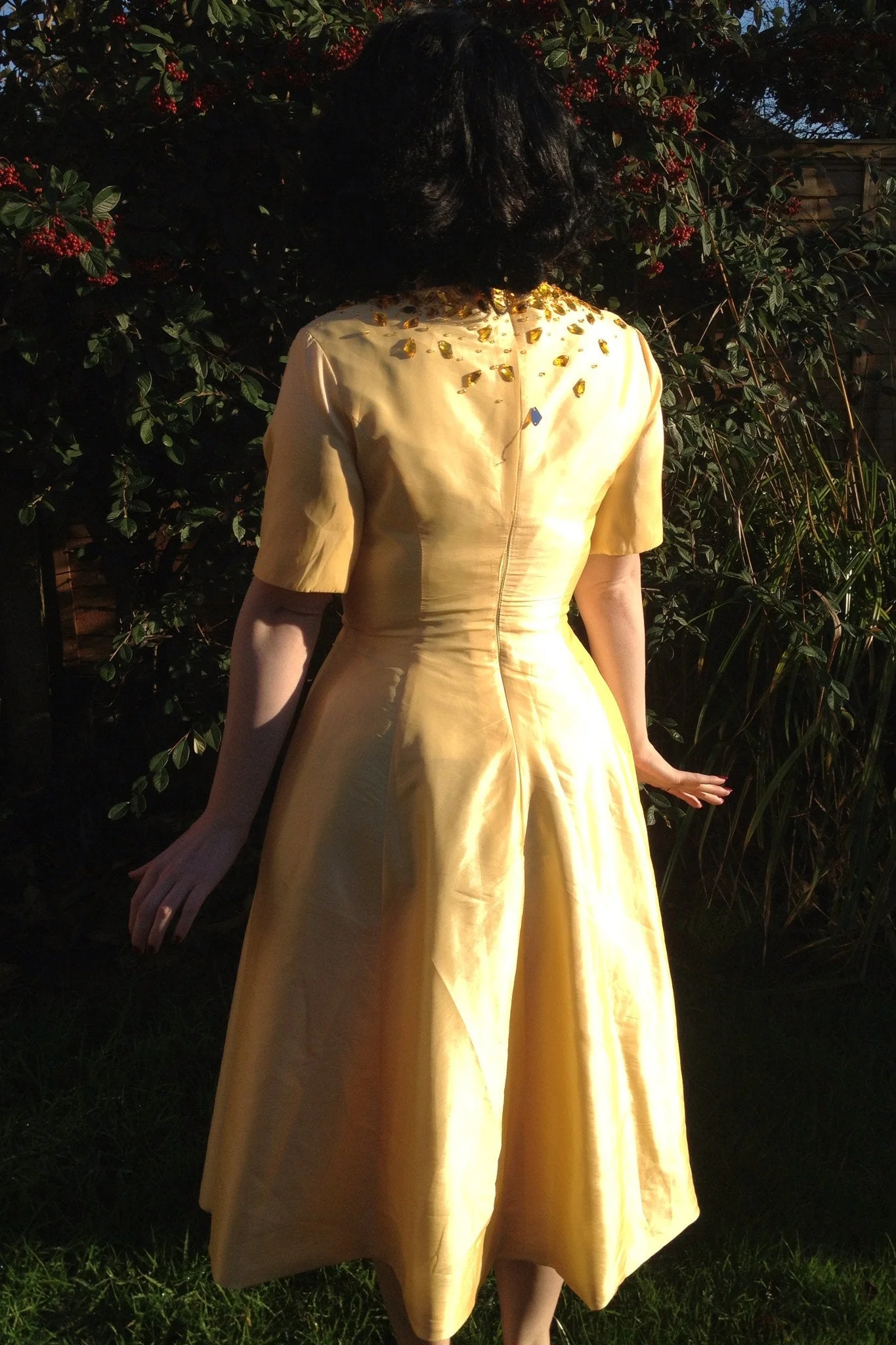 A-line Small Round Collar Tea Length Charmuse Beaded Prom Dress - Image 4