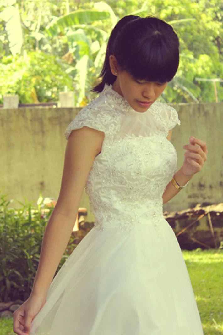 A-line Small Round Collar Tea Length Short Sleeves Tulle Applique Lace Wedding Dress - Image 3