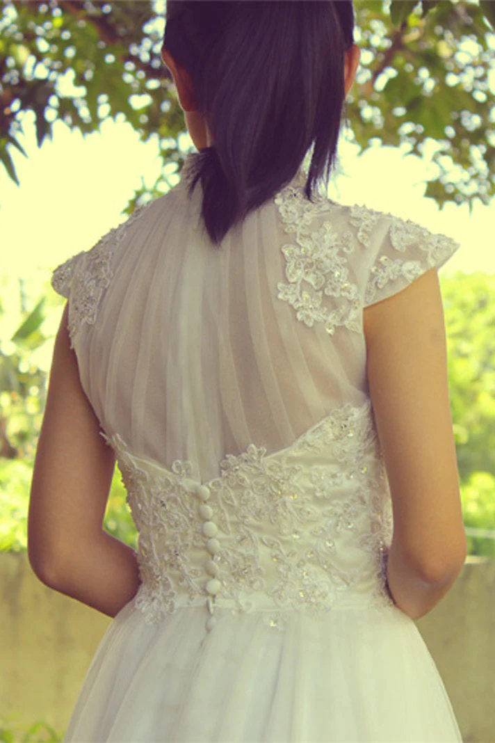A-line Small Round Collar Tea Length Short Sleeves Tulle Applique Lace Wedding Dress - Image 4