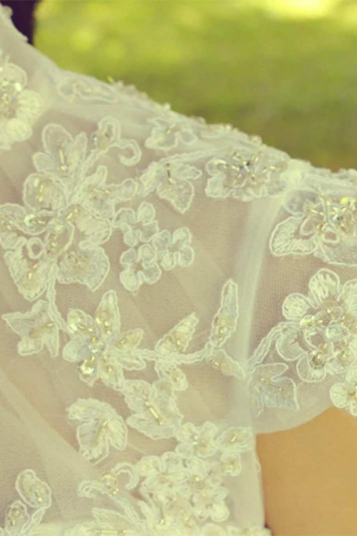 A-line Small Round Collar Tea Length Short Sleeves Tulle Applique Lace Wedding Dress - Image 5