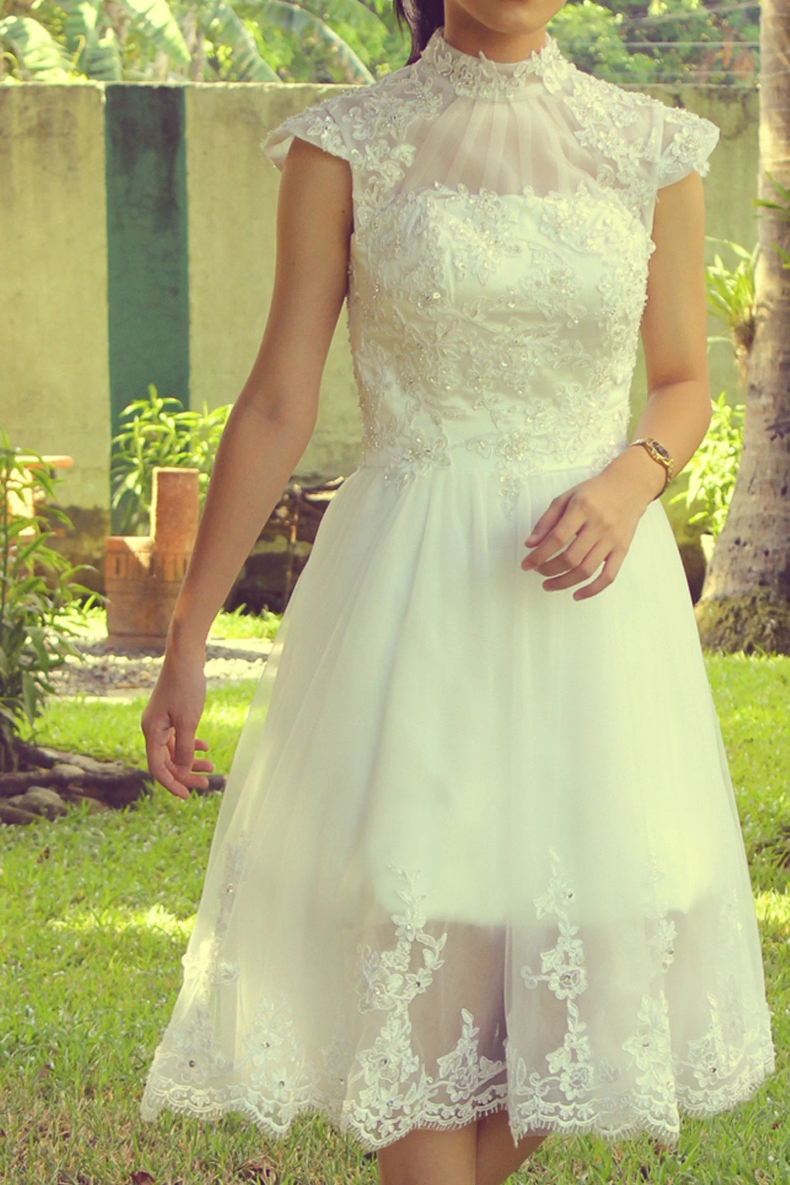 A-line Small Round Collar Tea Length Short Sleeves Tulle Applique Lace Wedding Dress - Image 6