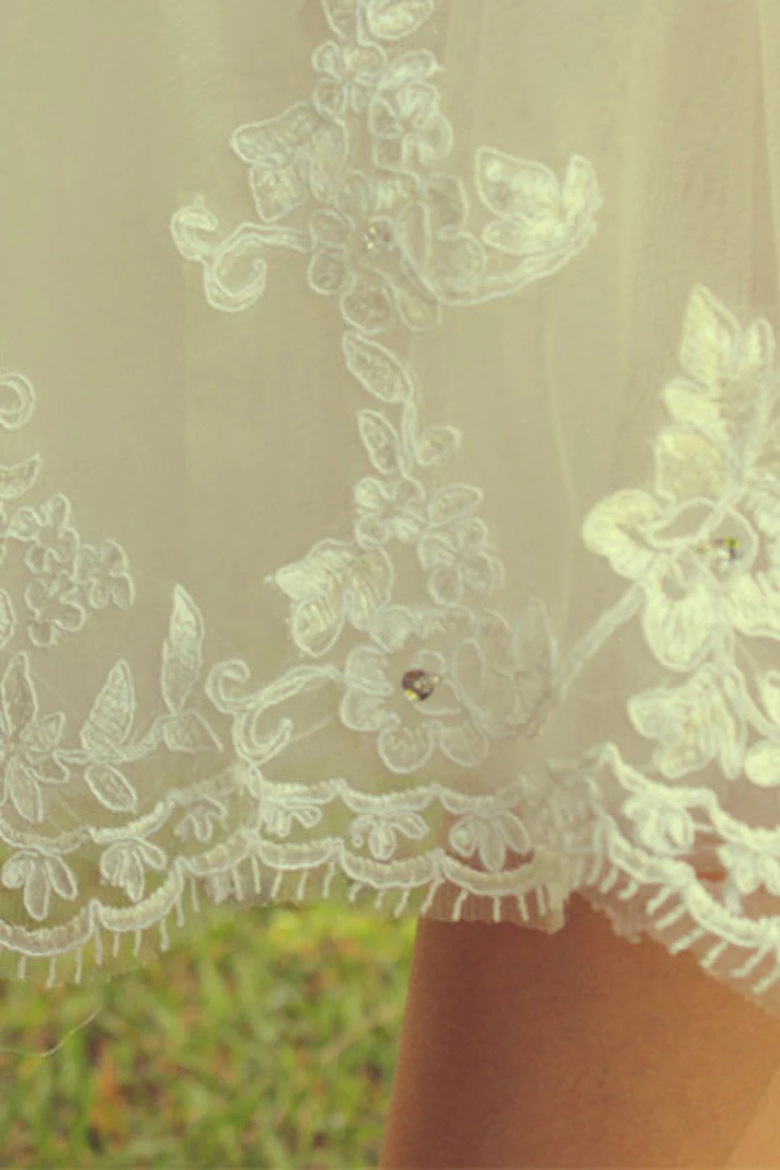 A-line Small Round Collar Tea Length Short Sleeves Tulle Applique Lace Wedding Dress - Image 7