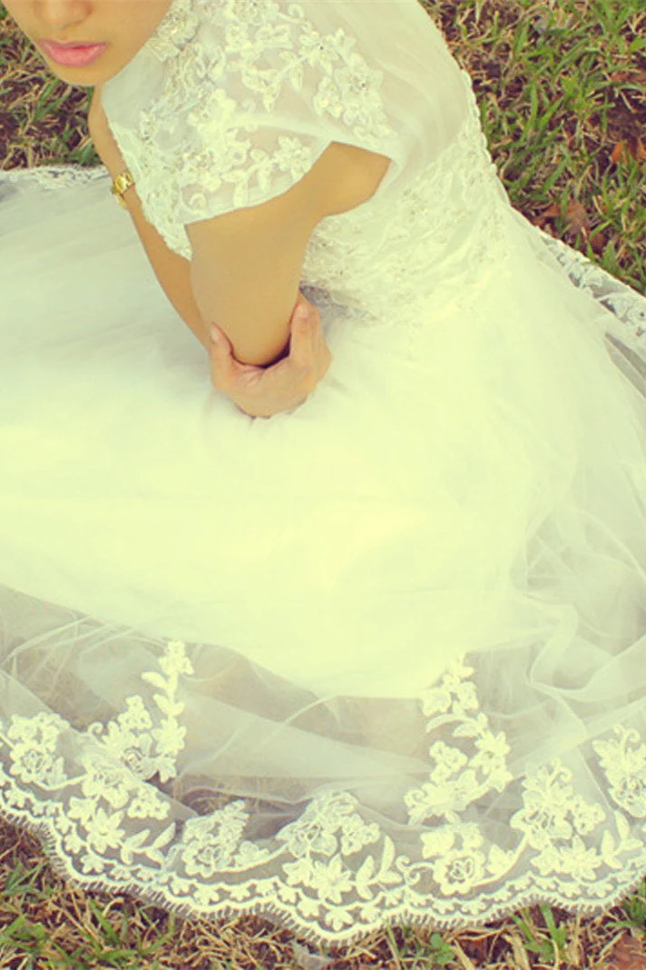 A-line Small Round Collar Tea Length Short Sleeves Tulle Applique Lace Wedding Dress - Image 8