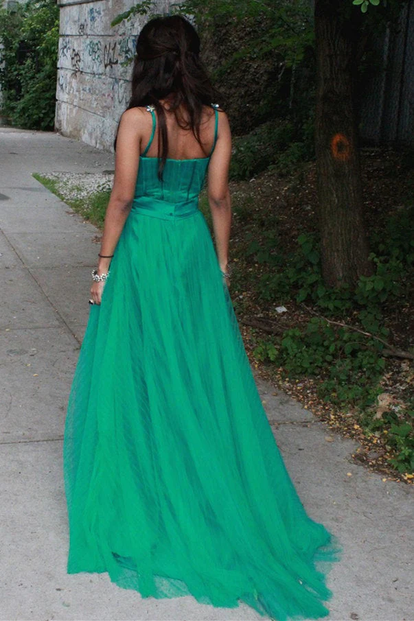 A-line Spaghetti Strap Floor Length Chapel Tulle Rhinestone Prom Dress - Image 3