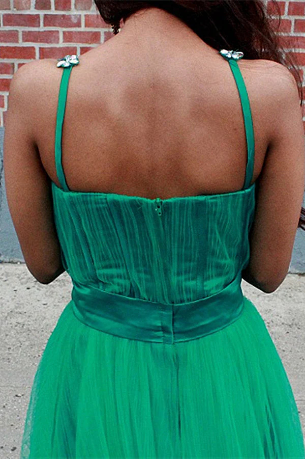 A-line Spaghetti Strap Floor Length Chapel Tulle Rhinestone Prom Dress - Image 4