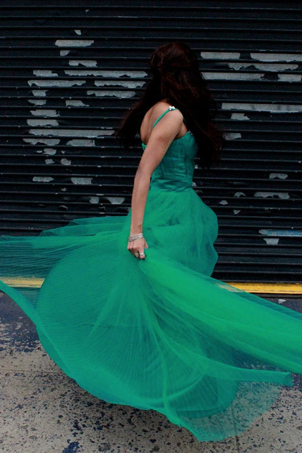 A-line Spaghetti Strap Floor Length Chapel Tulle Rhinestone Prom Dress - Image 7
