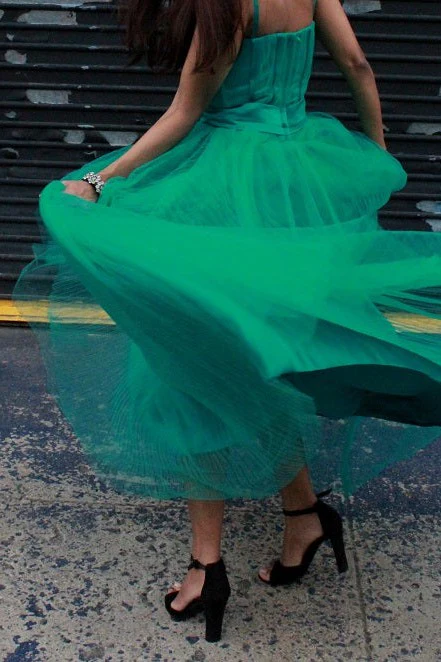 A-line Spaghetti Strap Floor Length Chapel Tulle Rhinestone Prom Dress - Image 8