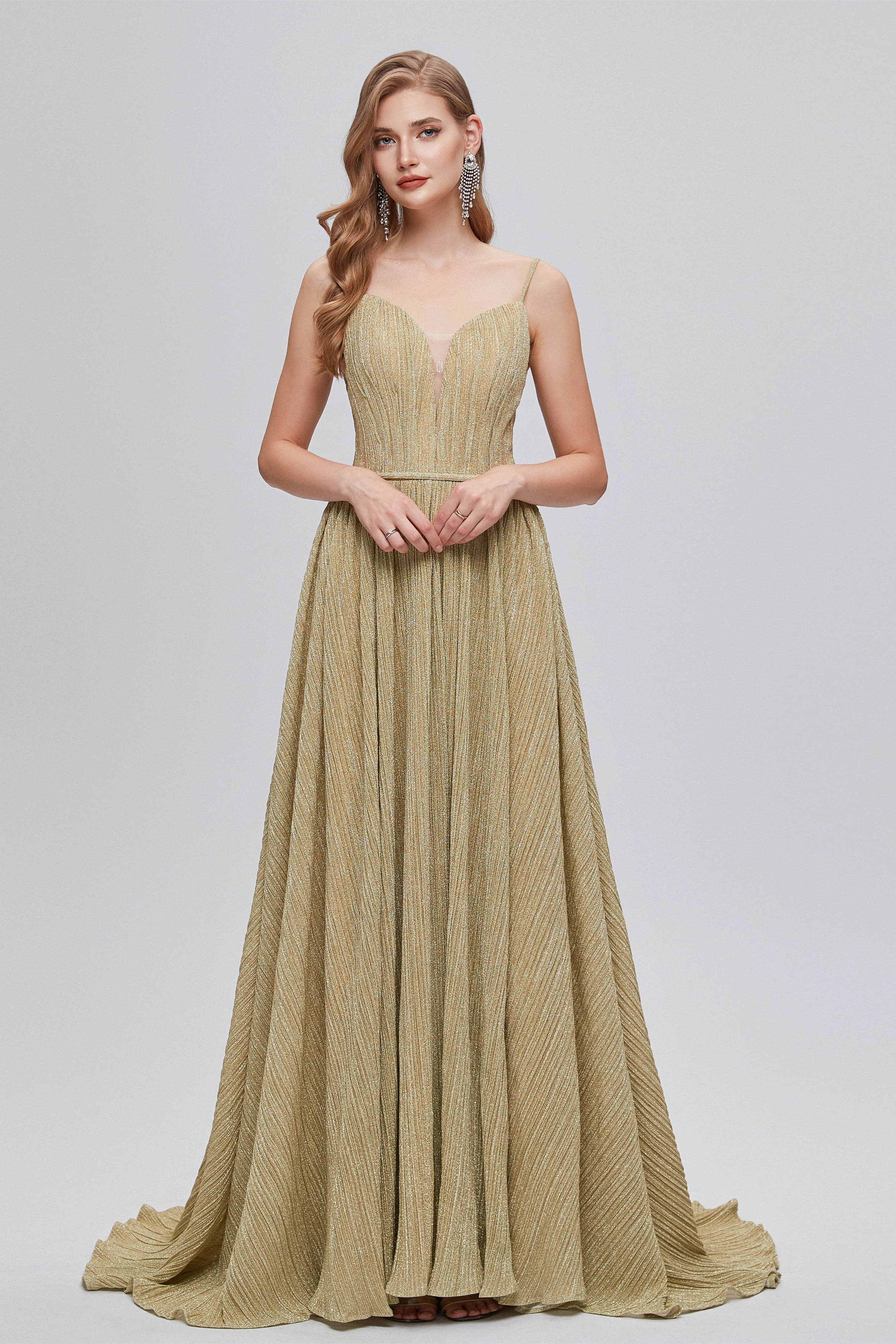 A-line Spaghetti strap Floor-length Sleeveless Open Back Elegant Beautiful Prom Dresses - Image 3