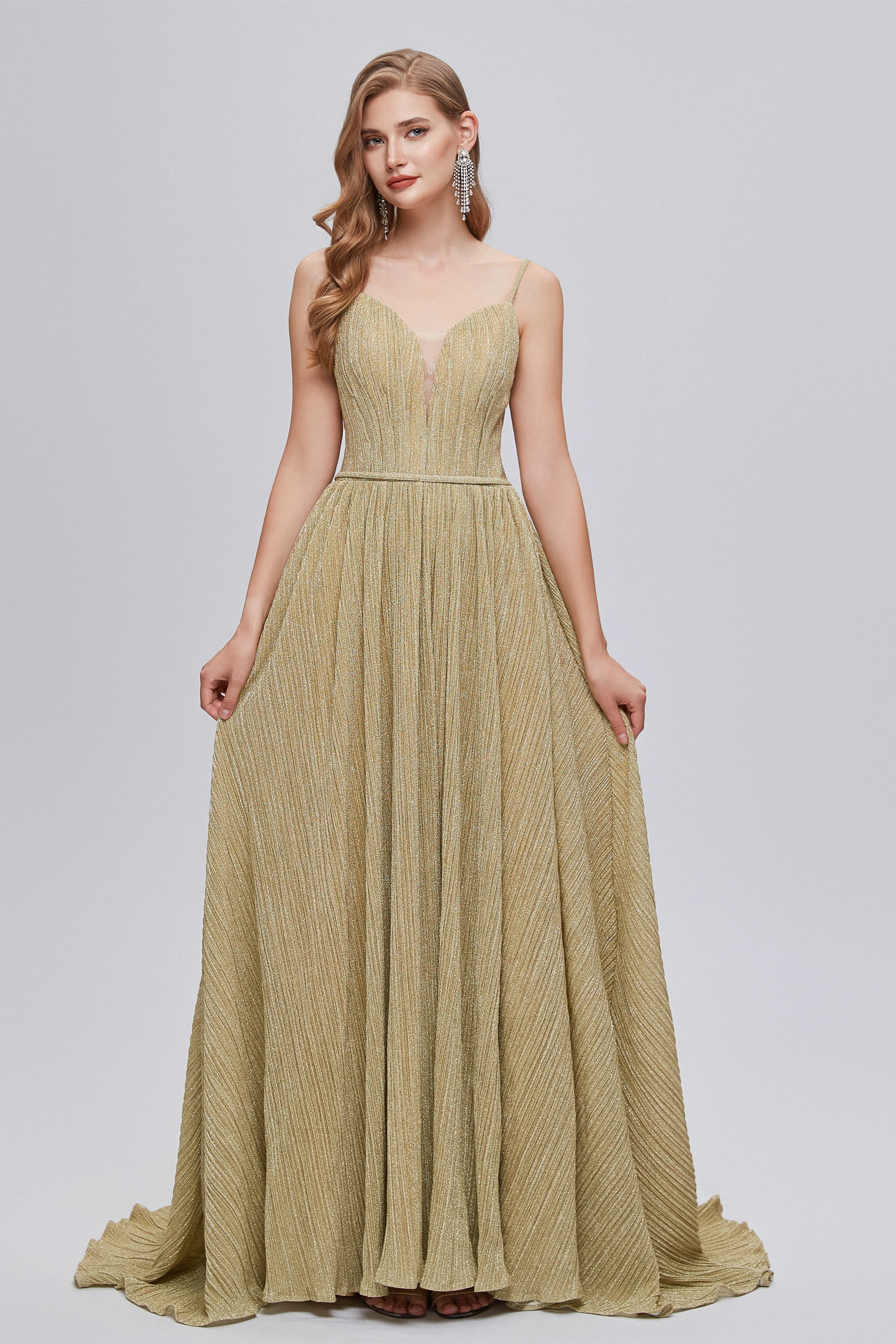A-line Spaghetti strap Floor-length Sleeveless Open Back Elegant Beautiful Prom Dresses - Image 4