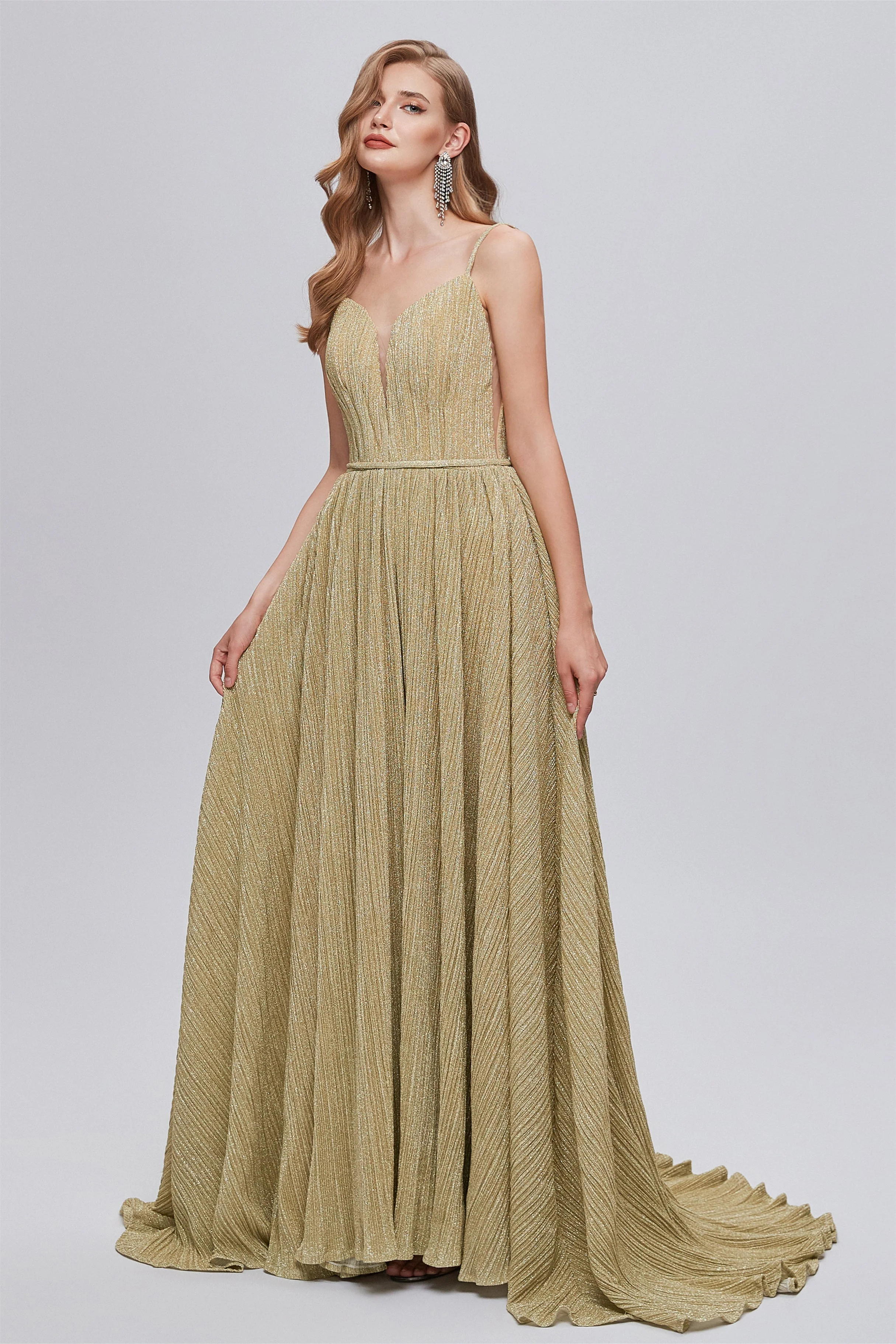 A-line Spaghetti strap Floor-length Sleeveless Open Back Elegant Beautiful Prom Dresses - Image 5