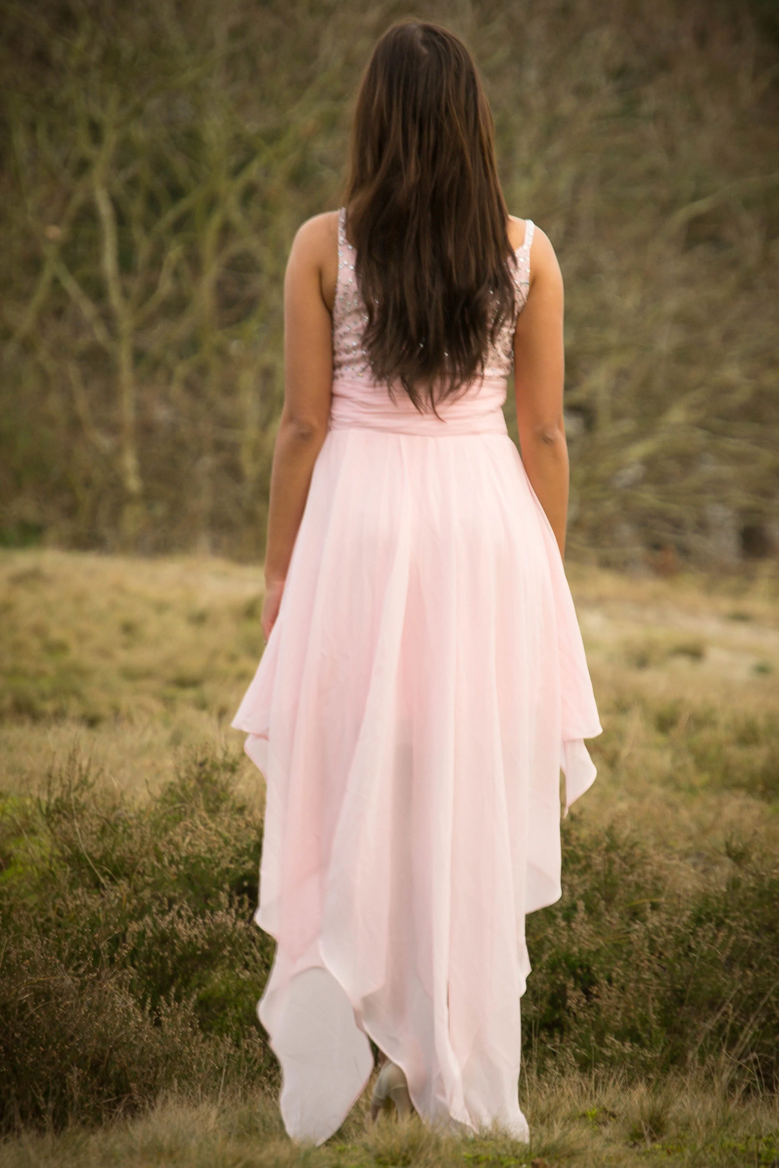 A-line Spaghetti Strap Hi-low Length Chapel Tulle Rhinestone Prom Dress - Image 2