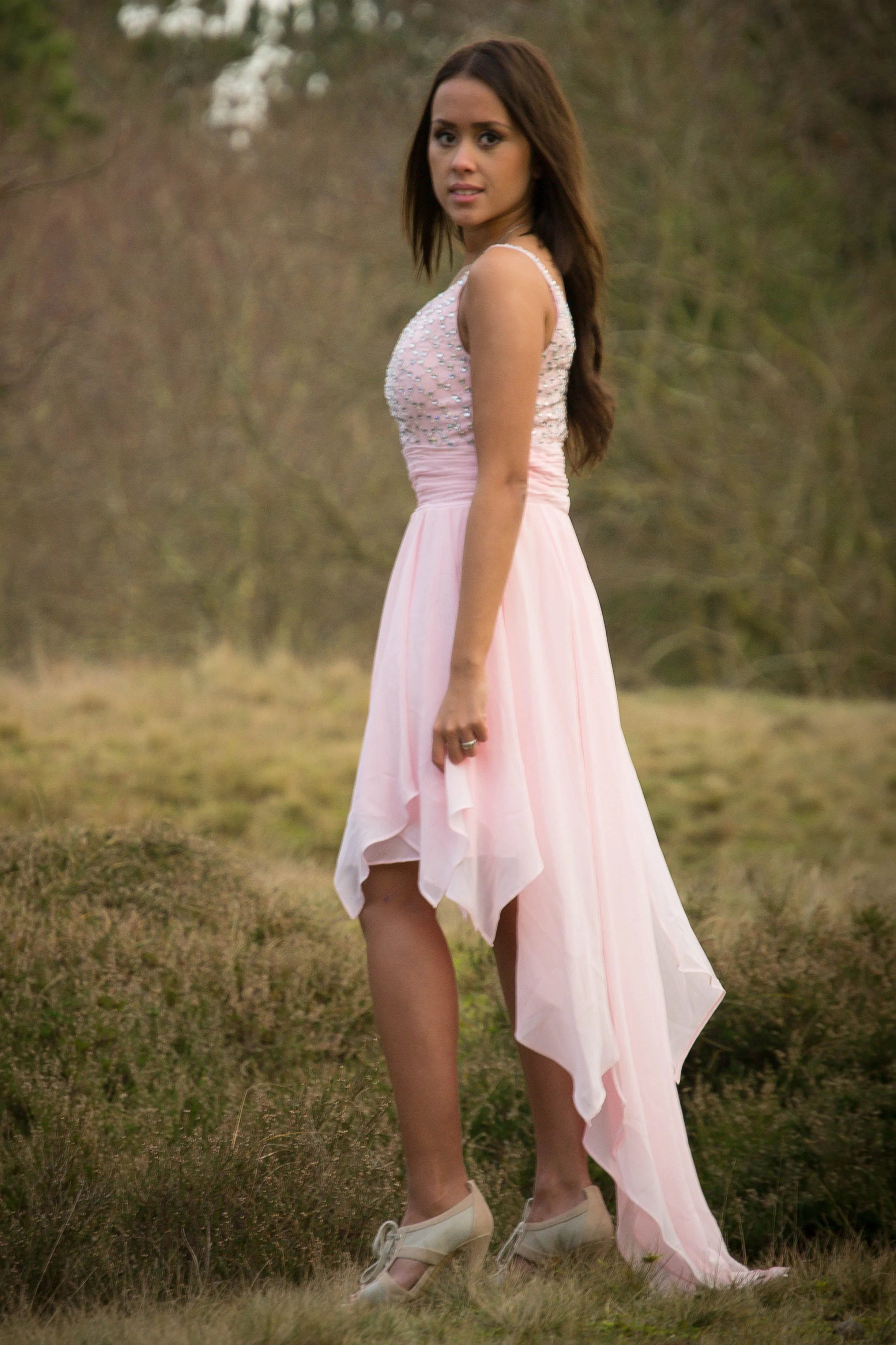 A-line Spaghetti Strap Hi-low Length Chapel Tulle Rhinestone Prom Dress - Image 3