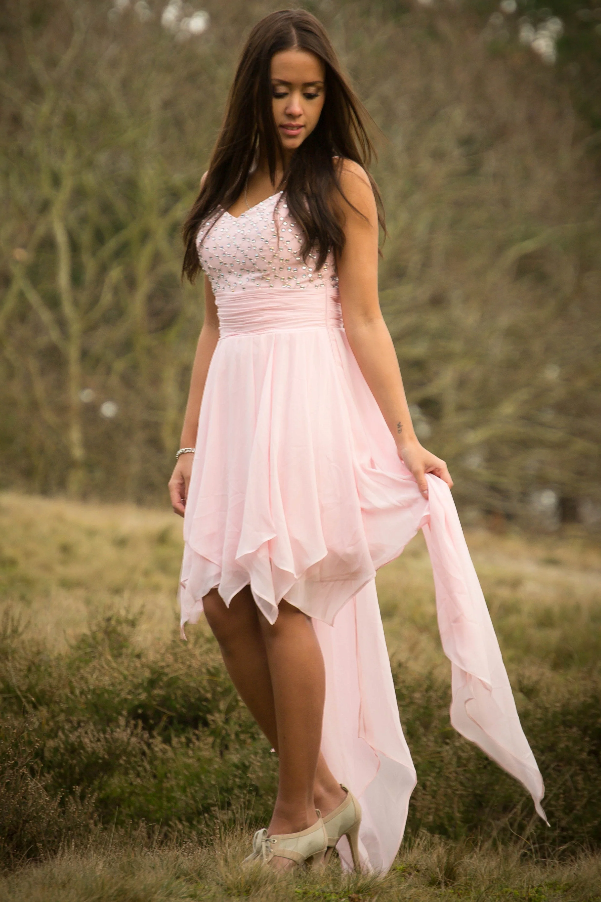 A-line Spaghetti Strap Hi-low Length Chapel Tulle Rhinestone Prom Dress - Image 5