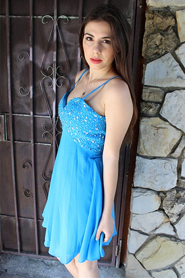 A-line Spaghetti Strap Knee Length Chiffon Rhinestone Prom Dress - Image 3