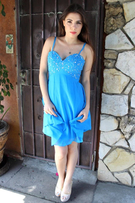 A-line Spaghetti Strap Knee Length Chiffon Rhinestone Prom Dress - Image 4