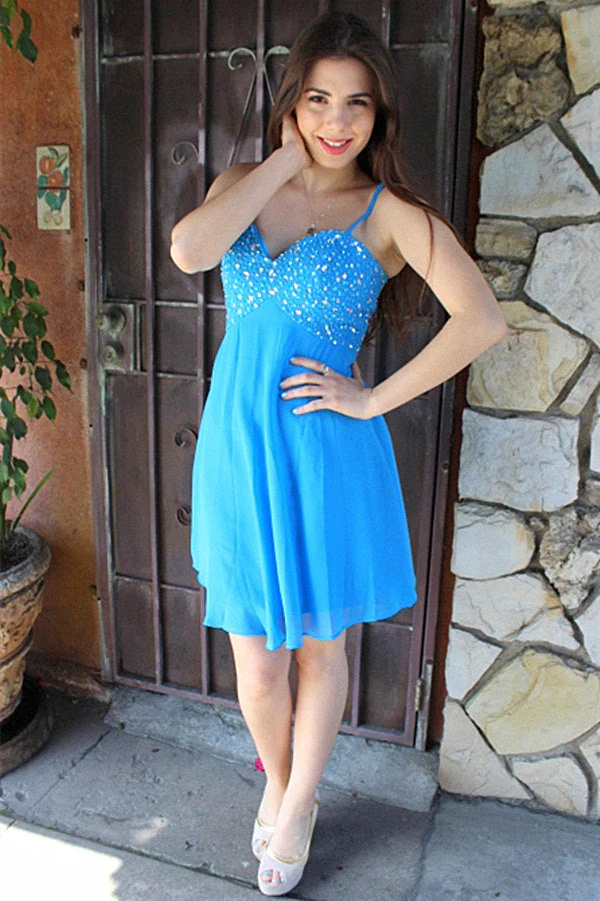 A-line Spaghetti Strap Knee Length Chiffon Rhinestone Prom Dress - Image 5