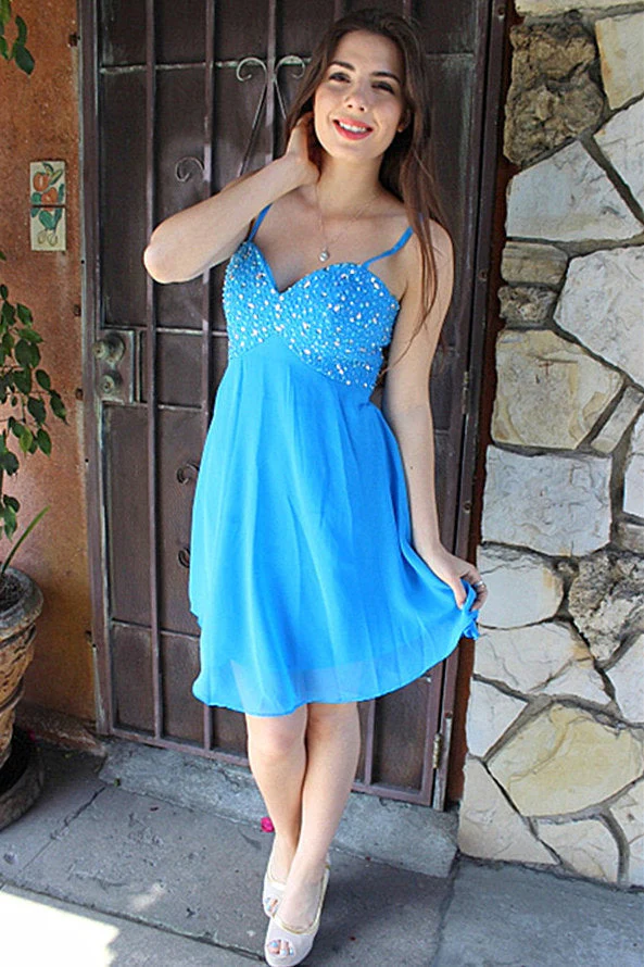 A-line Spaghetti Strap Knee Length Chiffon Rhinestone Prom Dress - Image 6