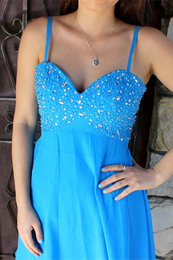 A-line Spaghetti Strap Knee Length Chiffon Rhinestone Prom Dress - Image 9
