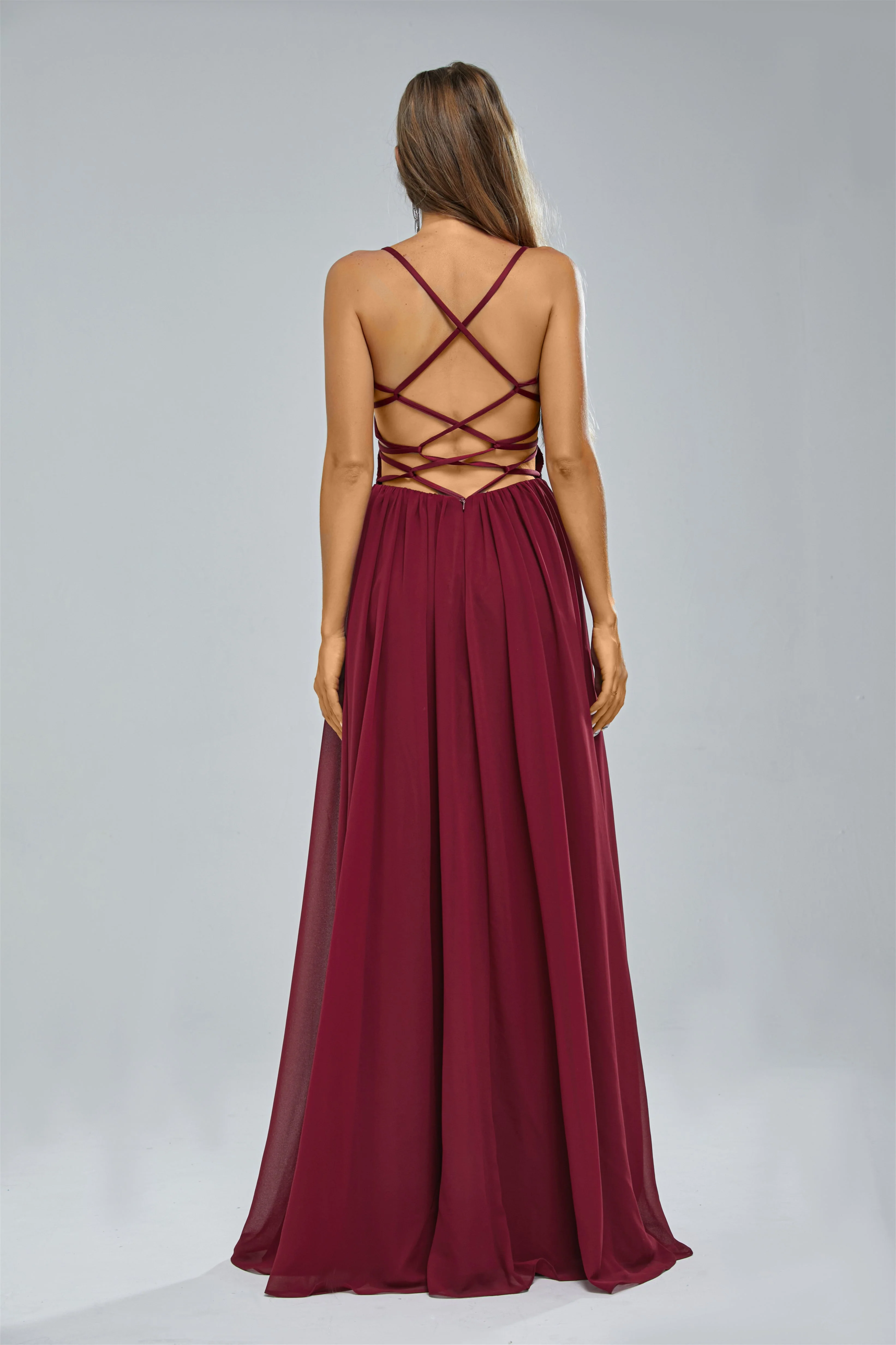 A-line Spaghetti strap Lace Sequined Floor-length Sleeveless Backless High Split Elegant Prom Dress - Image 2
