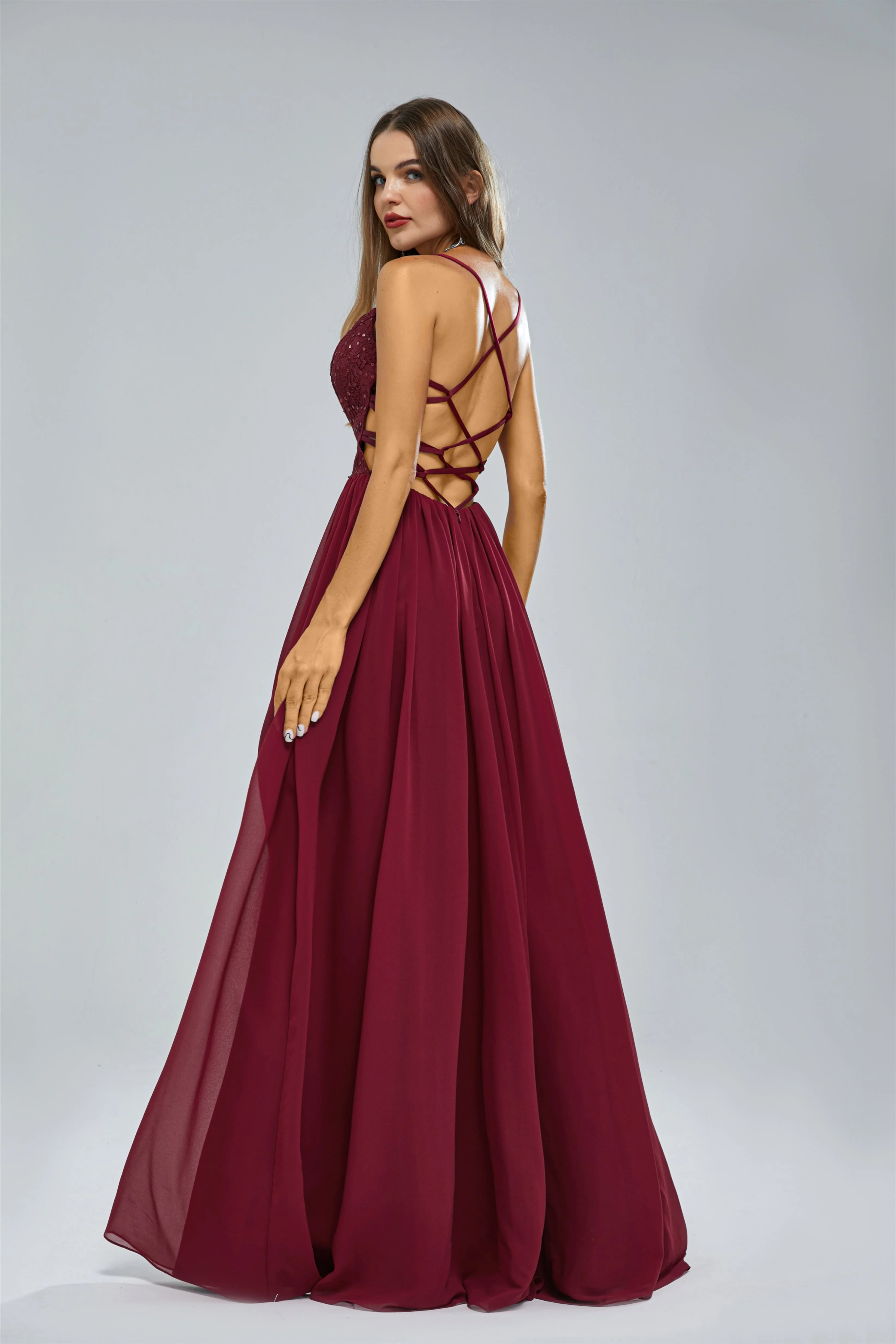 A-line Spaghetti strap Lace Sequined Floor-length Sleeveless Backless High Split Elegant Prom Dress - Image 3