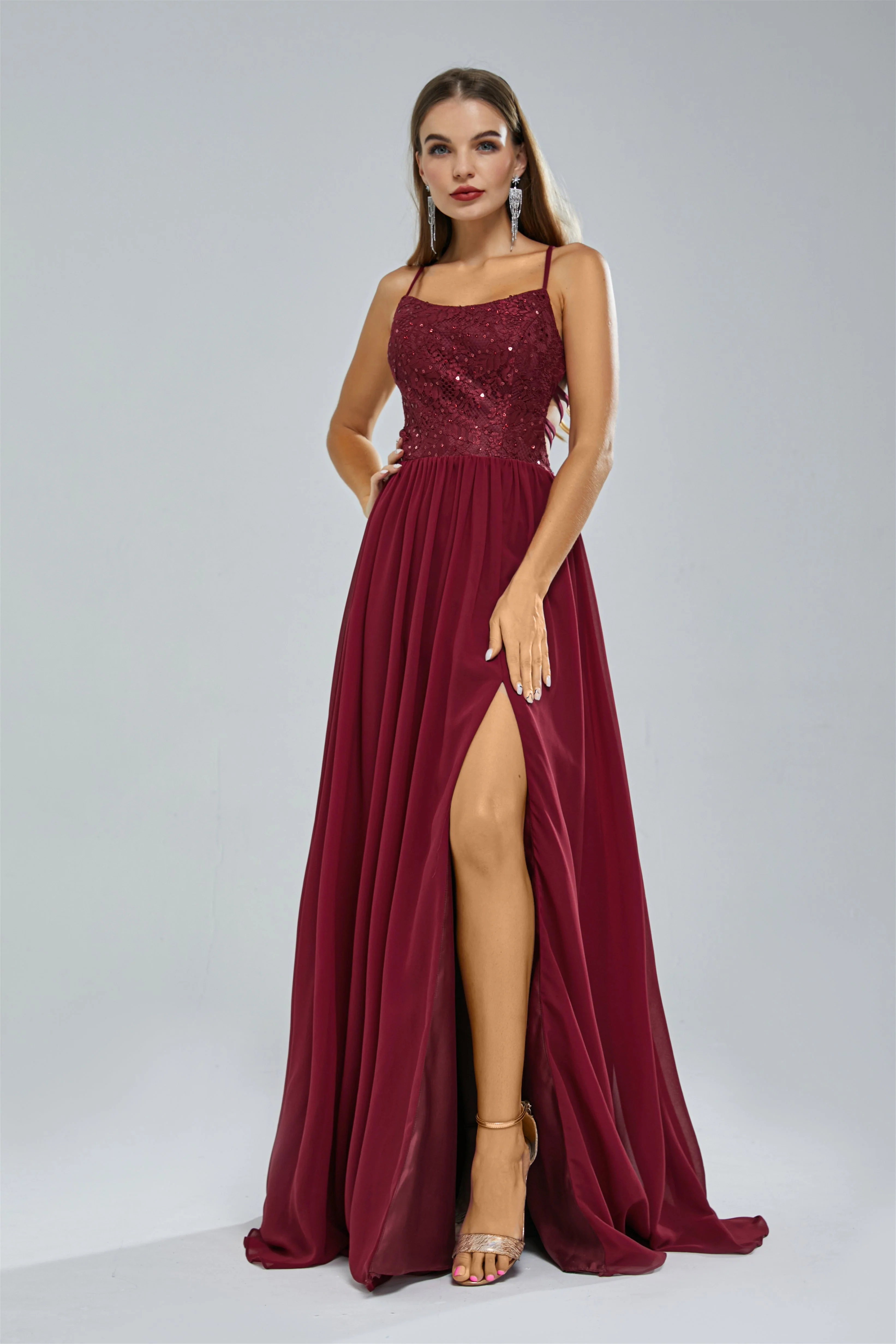 A-line Spaghetti strap Lace Sequined Floor-length Sleeveless Backless High Split Elegant Prom Dress - Image 4