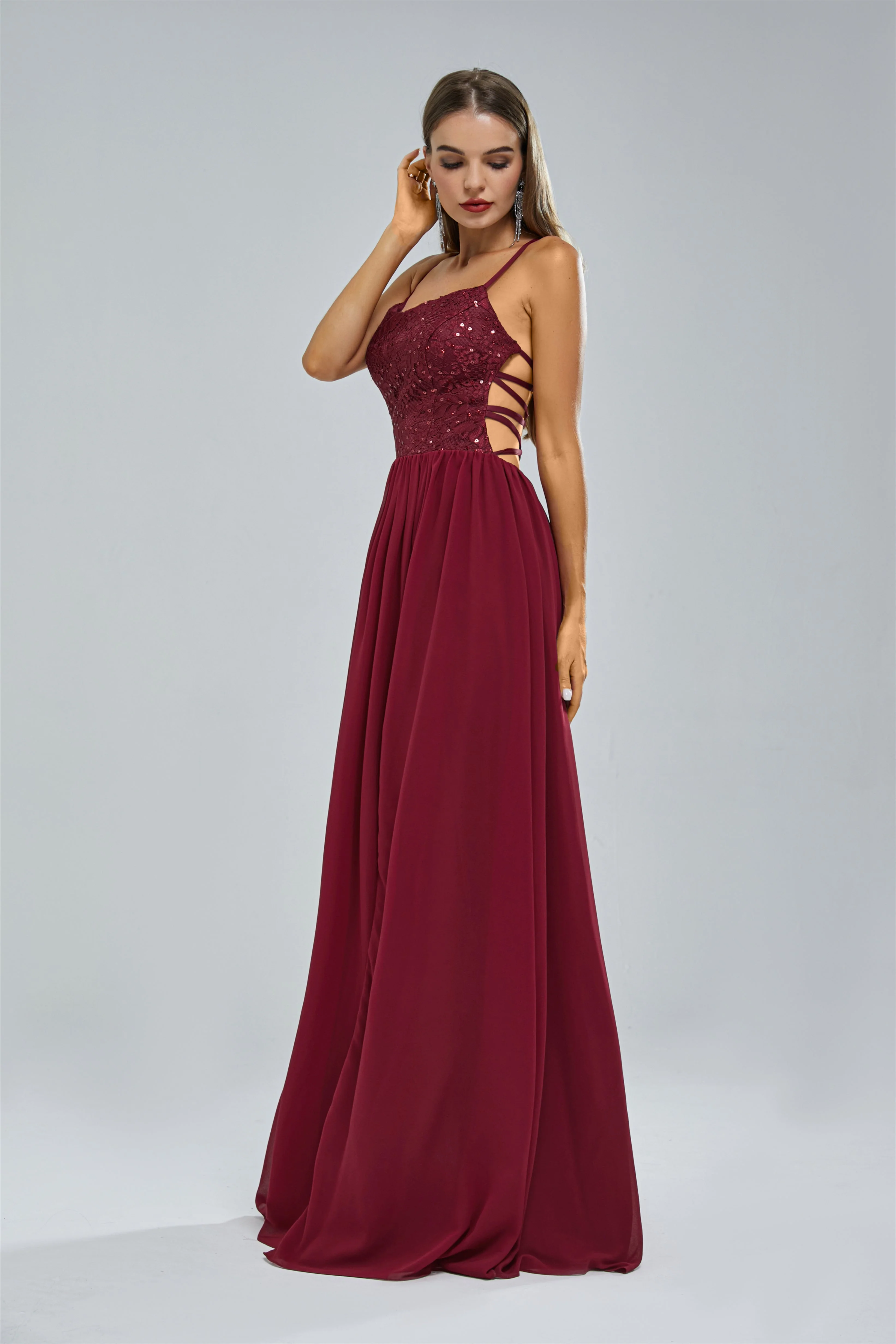 A-line Spaghetti strap Lace Sequined Floor-length Sleeveless Backless High Split Elegant Prom Dress - Image 5