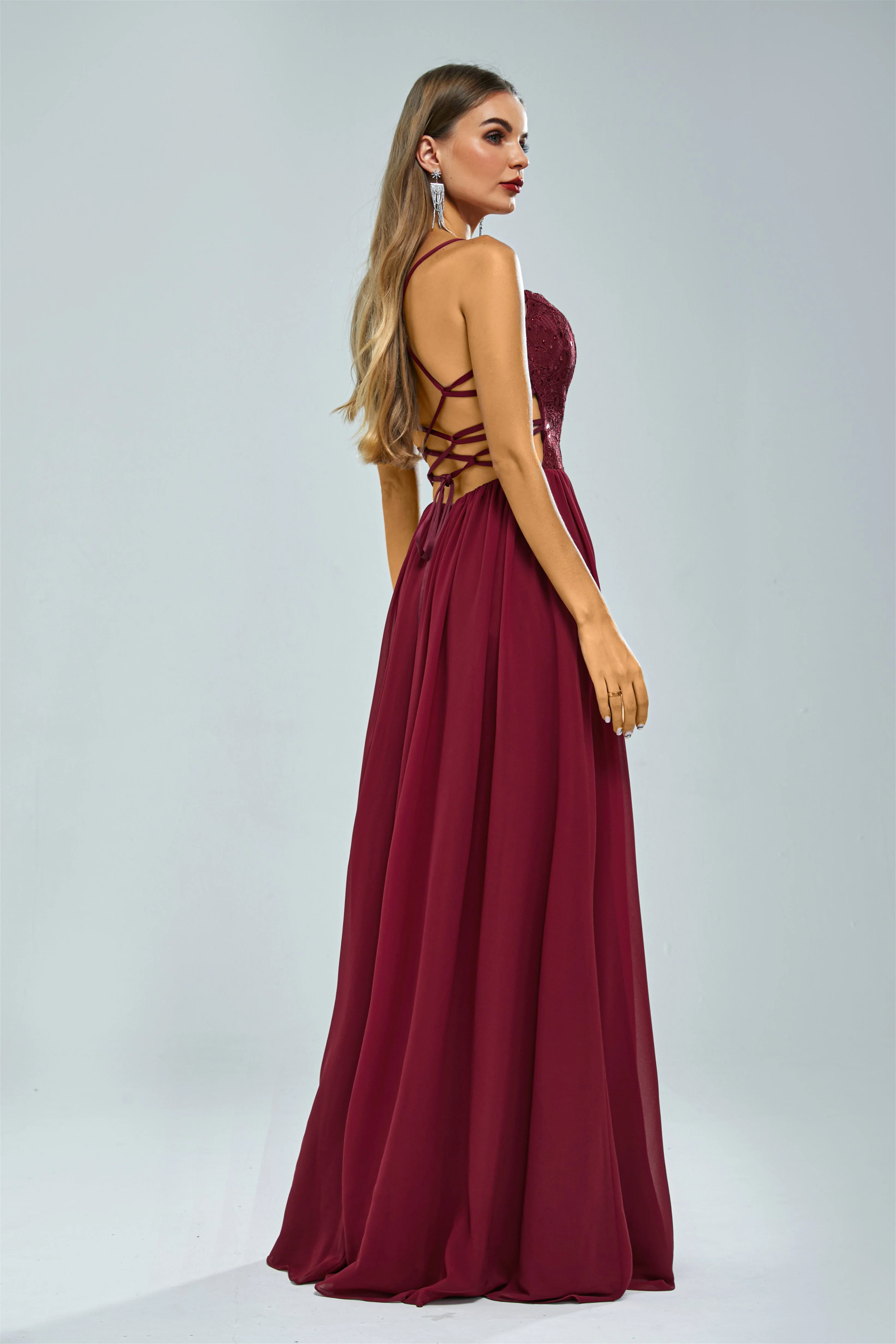 A-line Spaghetti strap Lace Sequined Floor-length Sleeveless Backless High Split Elegant Prom Dress - Image 6