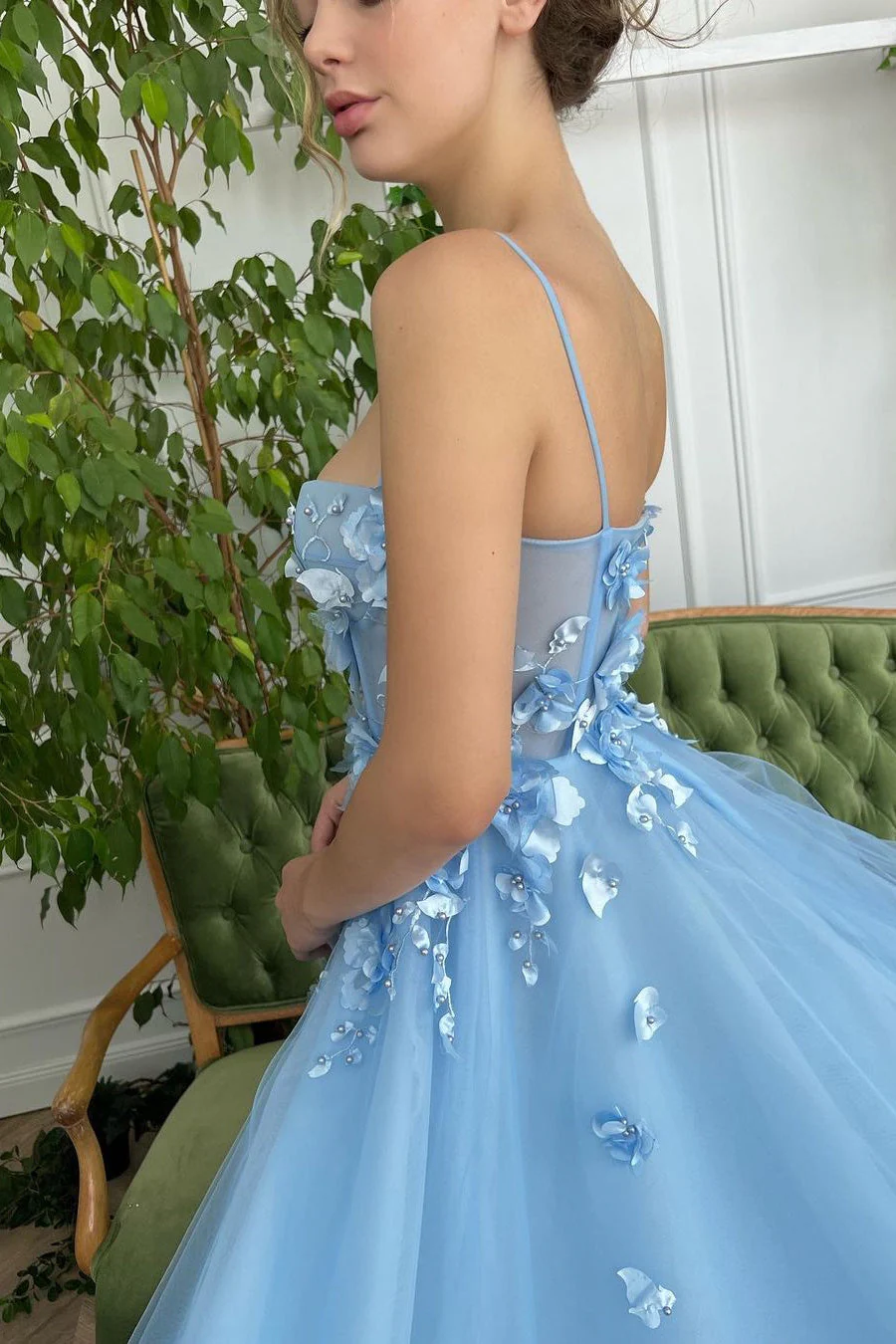 A-line Spaghetti strap Sweetheart Floor-length Sleeveless Split Front Appliques Lace Prom Dress - Image 2