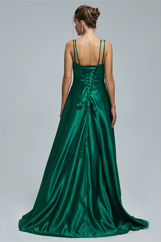 A-line Spaghetti strap Sweetheart Satin Floor-length Sleeveless Backless High Split Prom Dress - Image 2