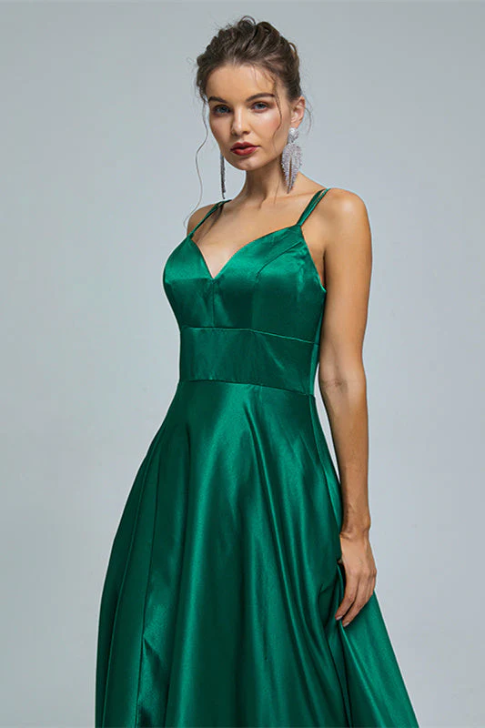 A-line Spaghetti strap Sweetheart Satin Floor-length Sleeveless Backless High Split Prom Dress - Image 3