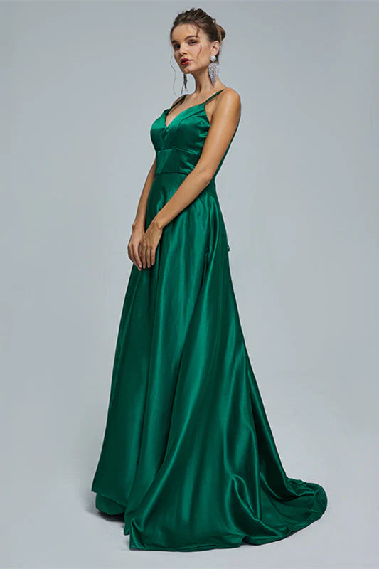 A-line Spaghetti strap Sweetheart Satin Floor-length Sleeveless Backless High Split Prom Dress - Image 6