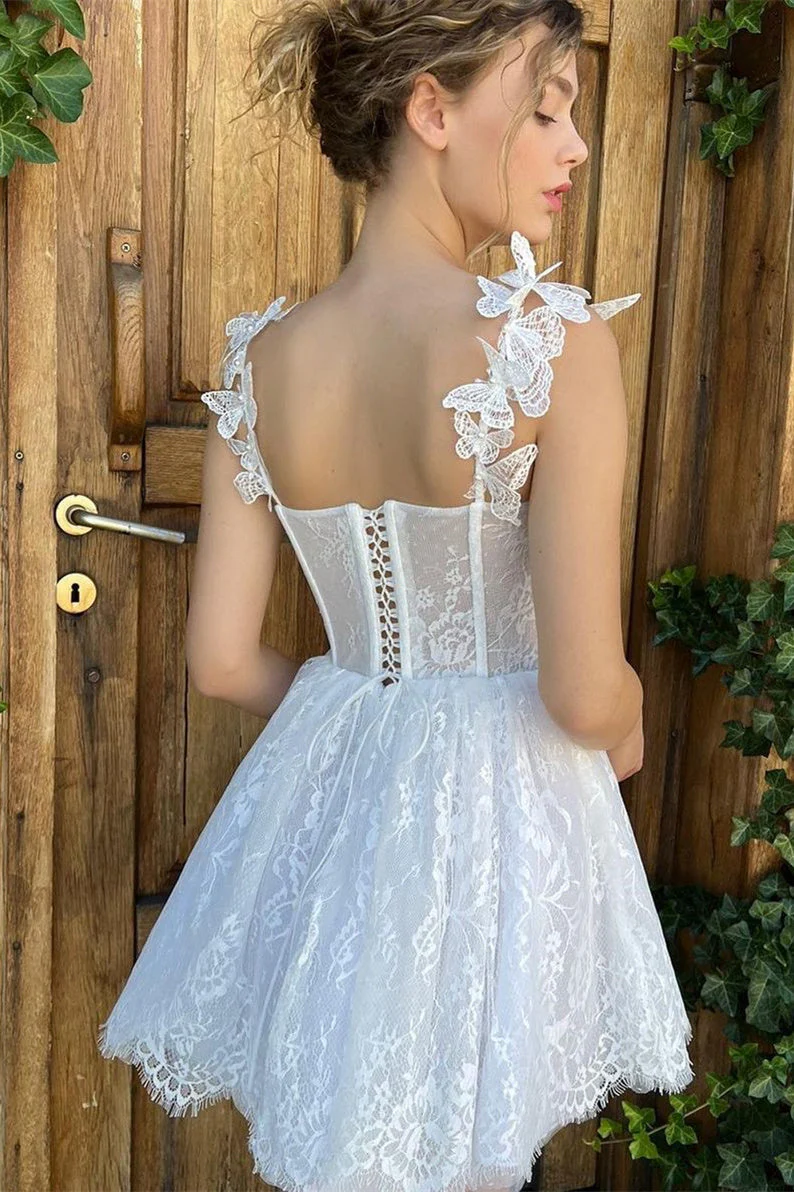 Mini A-line Spaghetti strap Sweetheart Sleeveless Lace Puffy Flowers Wedding Dress - Image 2
