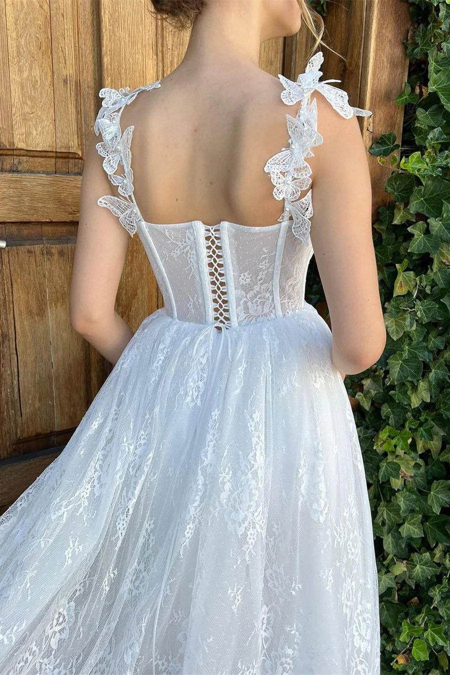 A-line Spaghetti strap Sweetheart Sleeveless Tea-length Lace Puffy Flowers Wedding Dress - Image 2