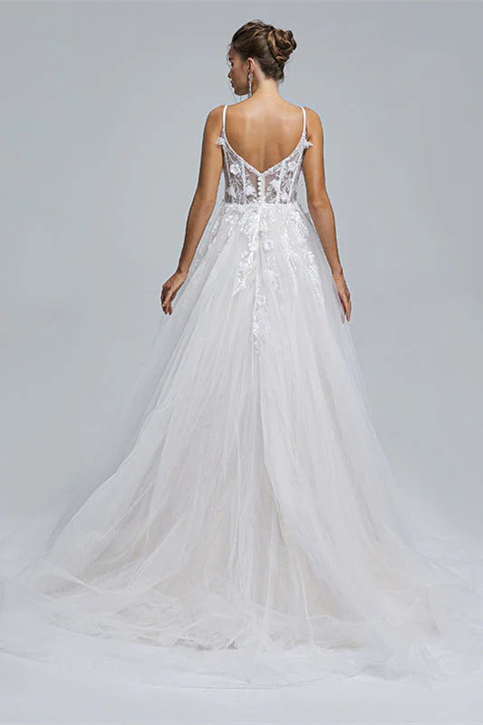 A-line Spaghetti strap Sweetheart Tulle Applique Floor-length Sleeveless Wedding Dress Cover - Image 2