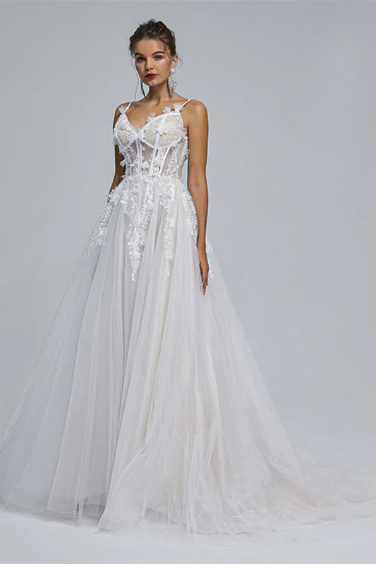 A-line Spaghetti strap Sweetheart Tulle Applique Floor-length Sleeveless Wedding Dress Cover - Image 3