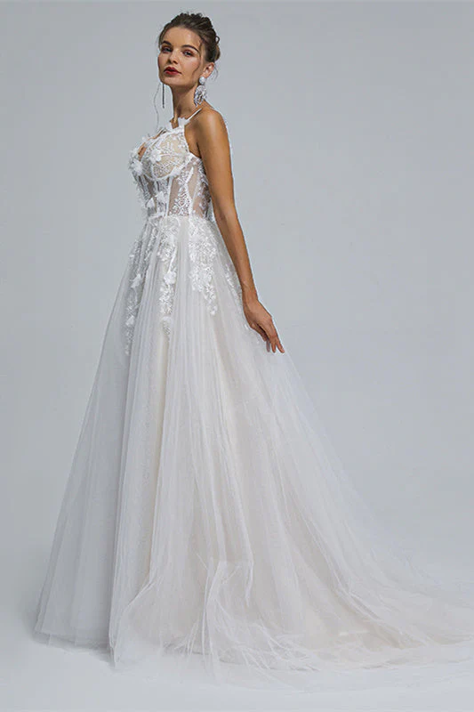 A-line Spaghetti strap Sweetheart Tulle Applique Floor-length Sleeveless Wedding Dress Cover - Image 4