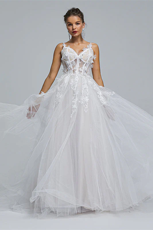 A-line Spaghetti strap Sweetheart Tulle Applique Floor-length Sleeveless Wedding Dress Cover - Image 5