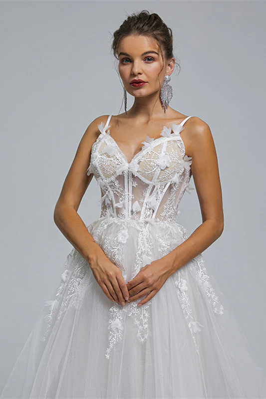 A-line Spaghetti strap Sweetheart Tulle Applique Floor-length Sleeveless Wedding Dress Cover - Image 6