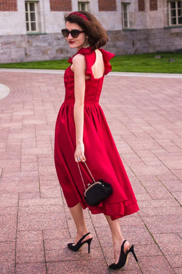 A-line Spaghetti Strap Tea Length Charmuse Homecoming Dress - Image 11