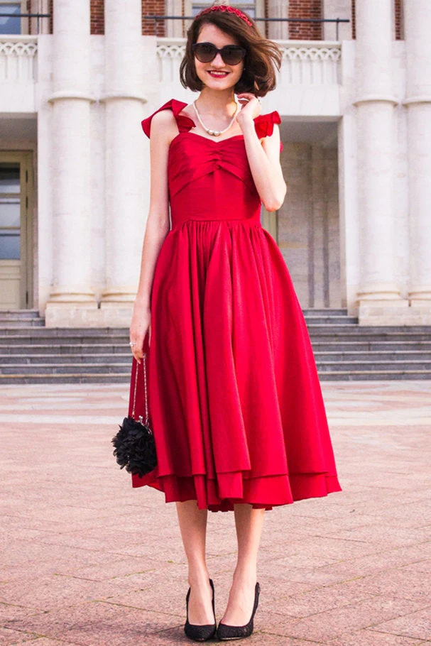 A-line Spaghetti Strap Tea Length Charmuse Homecoming Dress - Image 12