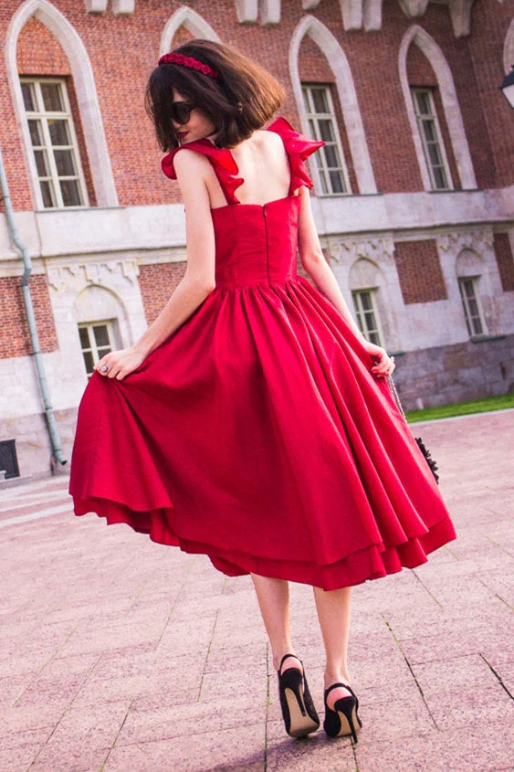 A-line Spaghetti Strap Tea Length Charmuse Homecoming Dress - Image 2