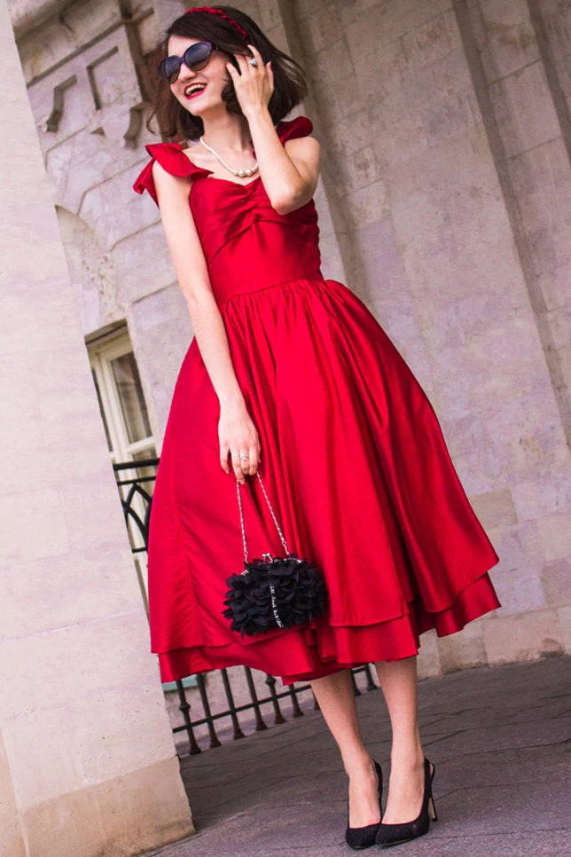 A-line Spaghetti Strap Tea Length Charmuse Homecoming Dress - Image 4