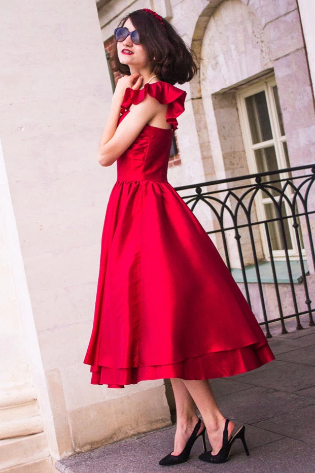 A-line Spaghetti Strap Tea Length Charmuse Homecoming Dress - Image 5