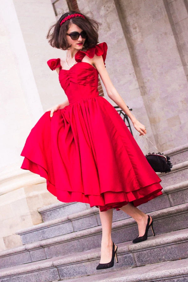 A-line Spaghetti Strap Tea Length Charmuse Homecoming Dress - Image 6